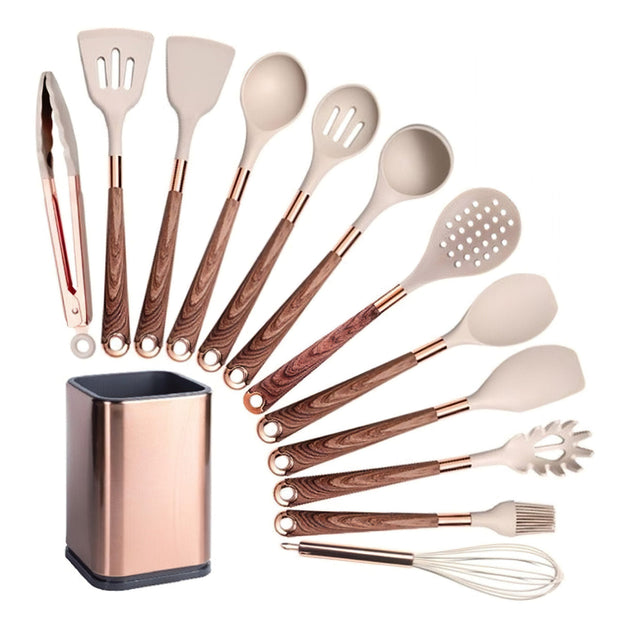 13 Pcs Gold-Plated Handle Silicone Kitchen Utensils Set