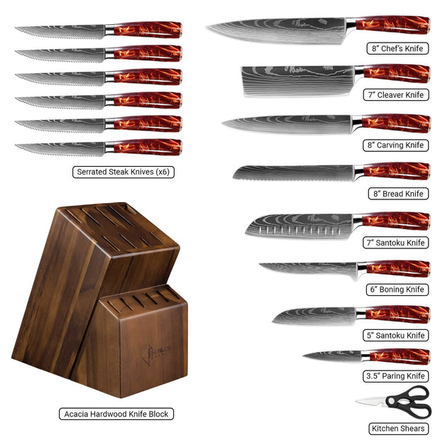 Kitchen Knife Set Japanese Style 16-Pieces - With Block