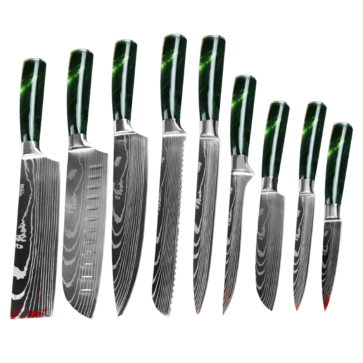 9 Piece Chef Knife Set Stainless Steel Blades - Green Resin Handle