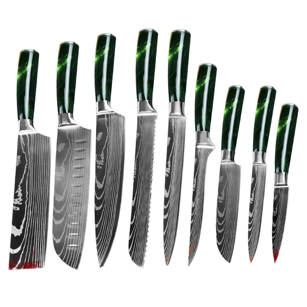 9 Piece Chef Knife Set Stainless Steel Blades - Green Resin Handle - My Home Essentials