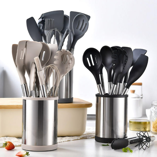 12Pcs Non-Toxic Silicone Utensil Set With 360-Degree Rotating Base