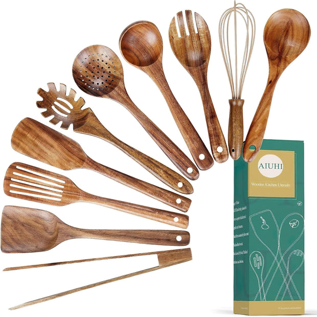 10Pcs Premium Teak Wooden Utensil Set