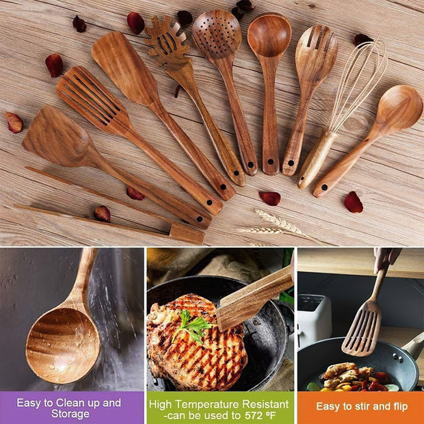 10Pcs Premium Teak Wooden Utensil Set