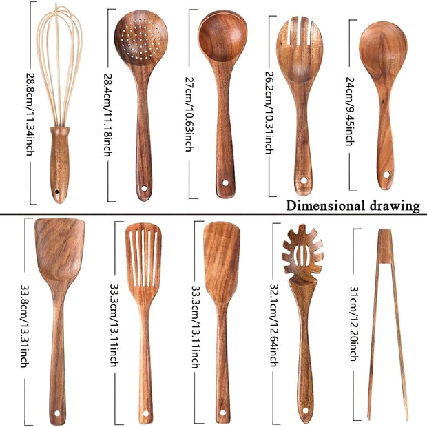 10Pcs Premium Teak Wooden Utensil Set