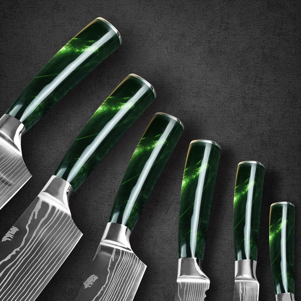 9 Piece Chef Knife Set Stainless Steel Blades - Green Resin Handle - My Home Essentials